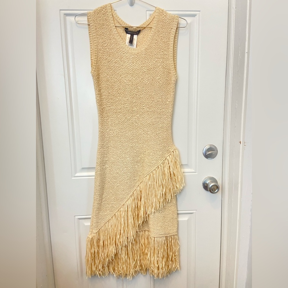 BCBGMaxAzria Cream Asymmetrical Fringe Dress